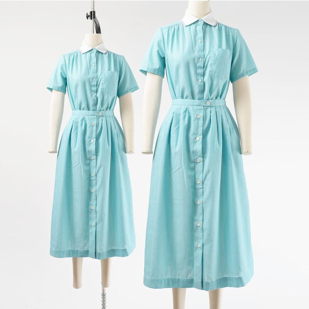 Vintage 80s Shirt and Skirt Set Aqua Oxford Striped Blouse Midi Skirt Pockets XS